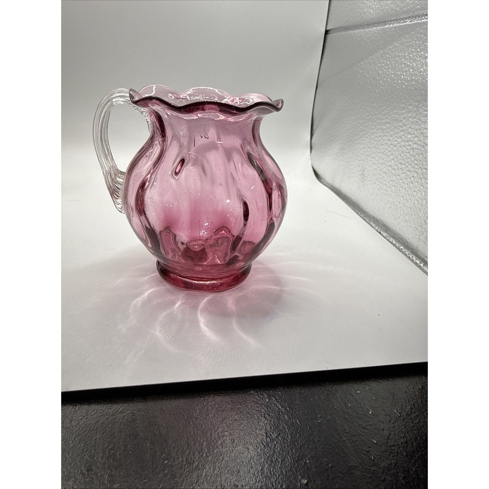Handblown Cranberry Art Glass Mini Pitcher 4" Ruffled Rim Applied Handle